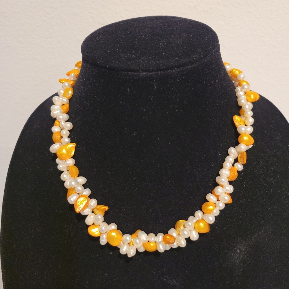 White Drop Freshwater  Pearl Accented By Golden Orange Borque Necklace 19" New